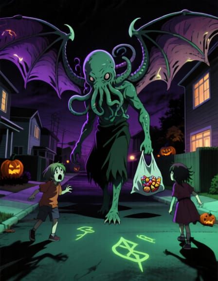 Cthulhu Scares Trick-or-Treaters in Anime Horror Poster