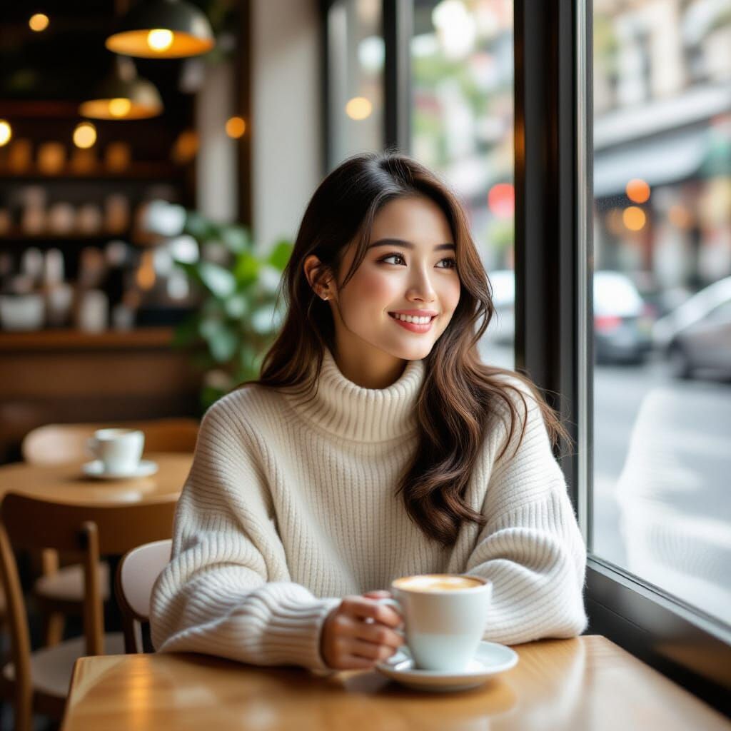 Asian Woman Enjoys Coffee in Cozy Cafe