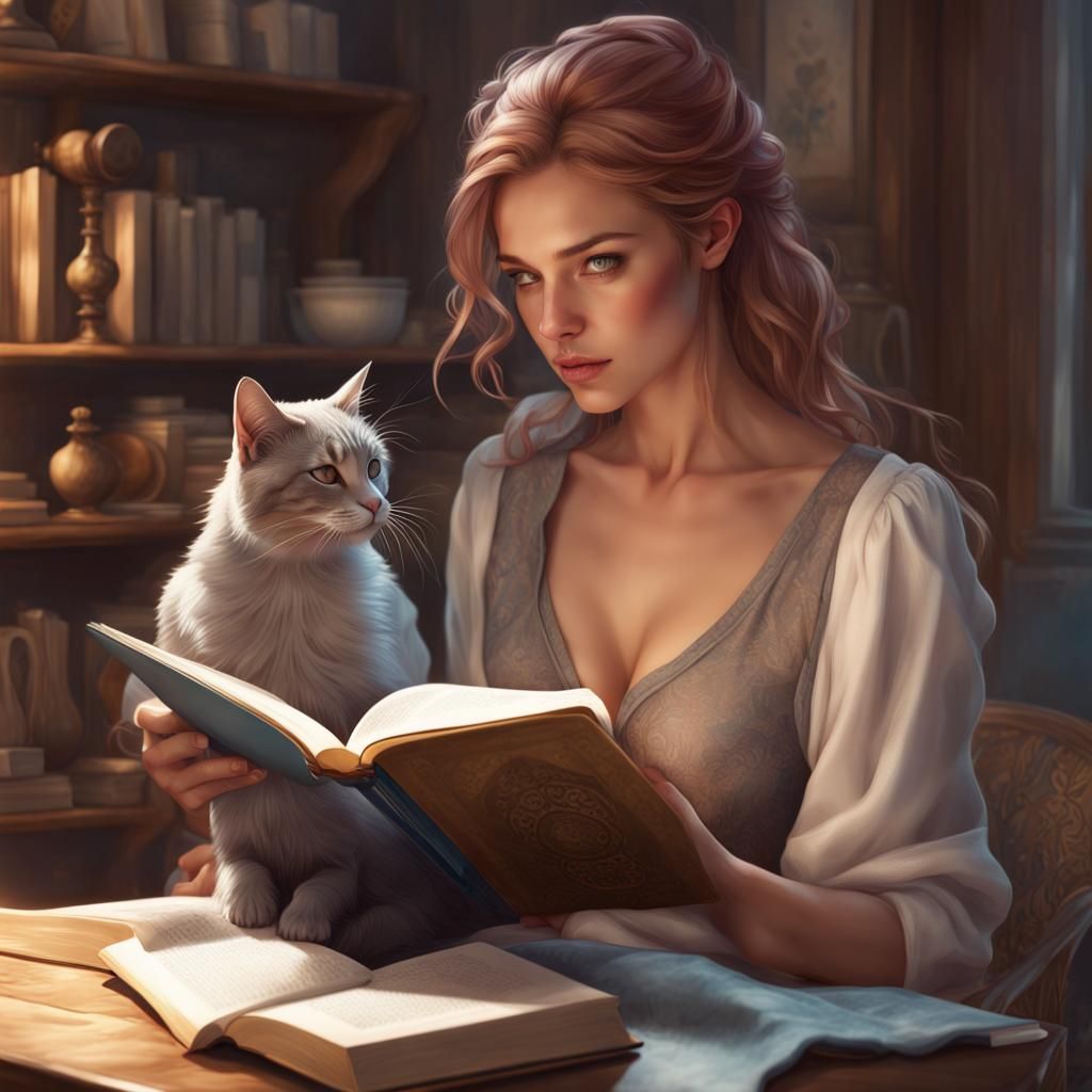 Woman Reading with Cat: Hyperdetailed Art Portrait