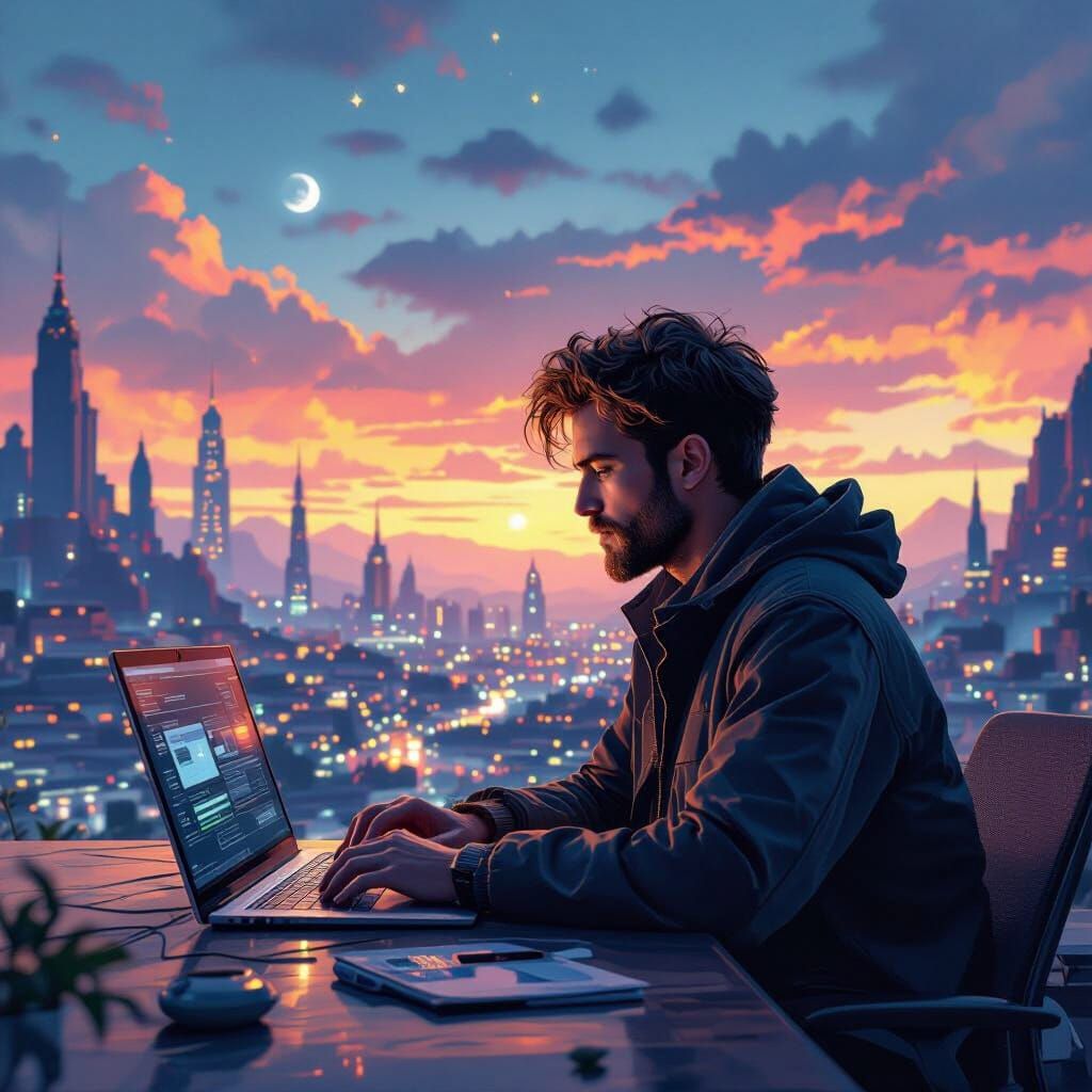 Man Uses Laptop for Internet Banking in Detailed Landscape