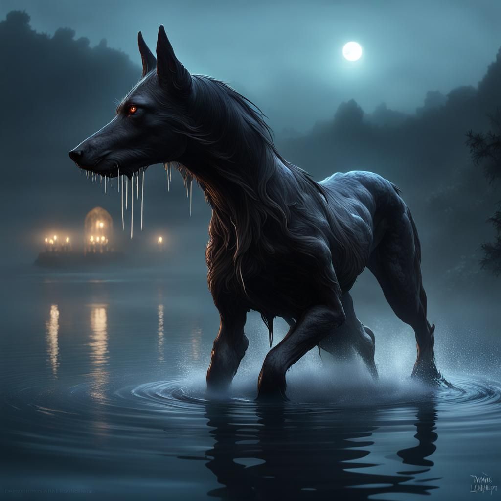 Mischievous Kelpie Emerges from Misty Lake