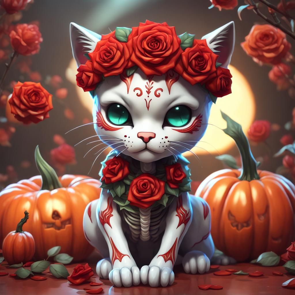 Chibi Skeleton Cat with Rose Crown