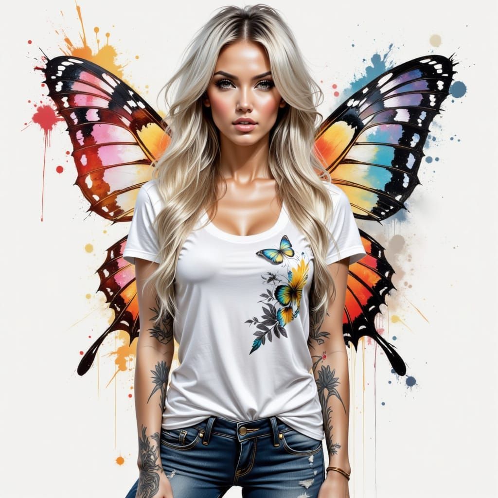 A white woman with rainbow butterfly wings in a casual...