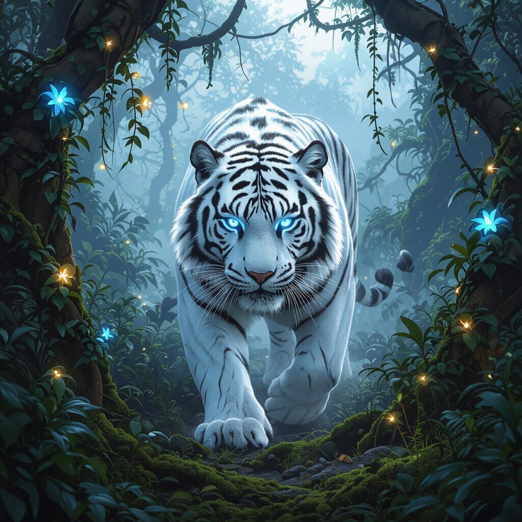 White Tiger Prowls Jungle with Bioluminescent Flora