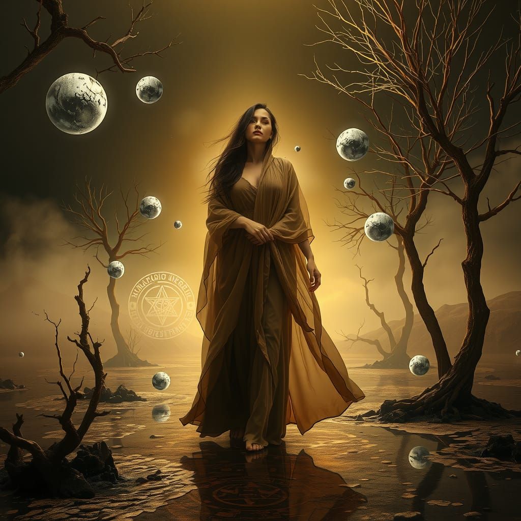 Mystical Woman in Swamp with Chrome Spheres