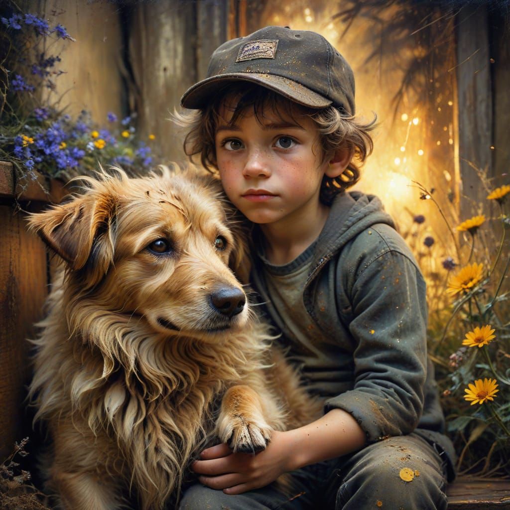 Boy and Dog Embrace: Oil Painting in Fantasy Style