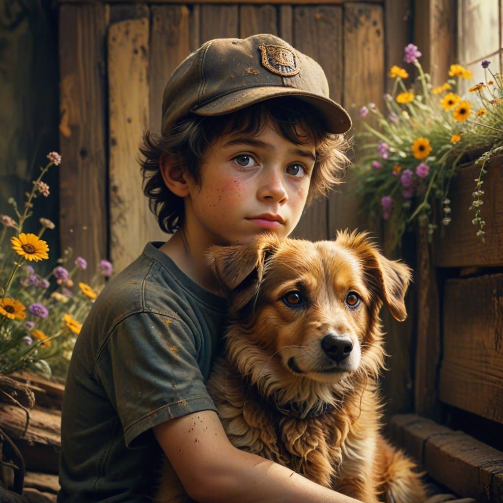 Boy and Dog in Oil Painting with Wildflowers