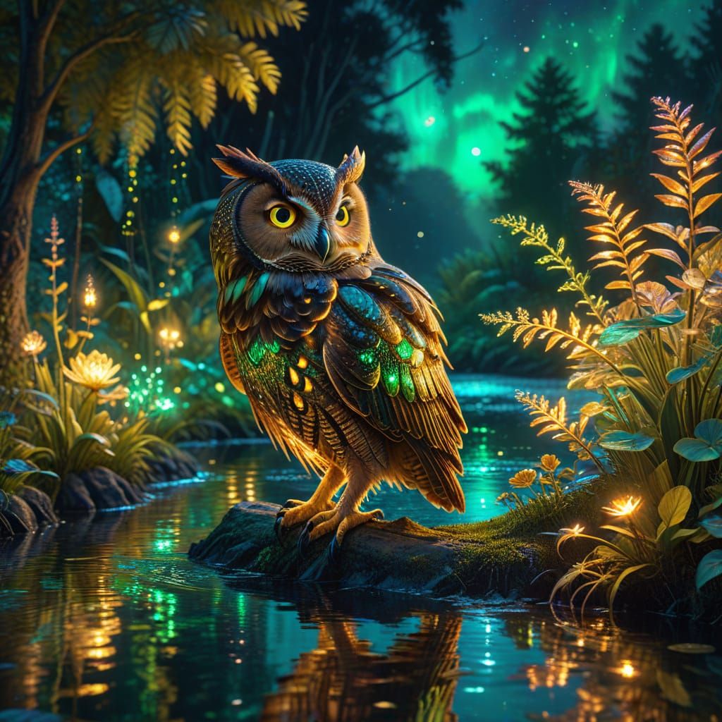 Surreal Cosmic Owl Perches in Magical Garden at Sunset