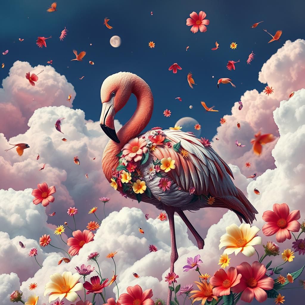 Whimsical Flamingo in Colorful Floral Fantasy Collage