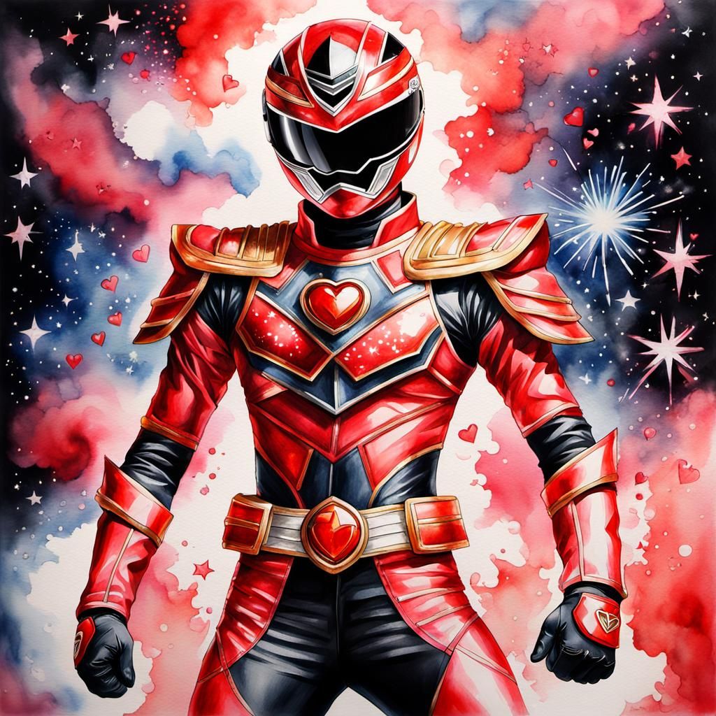 Dynamic Watercolor of a Red Armored Hero in Space