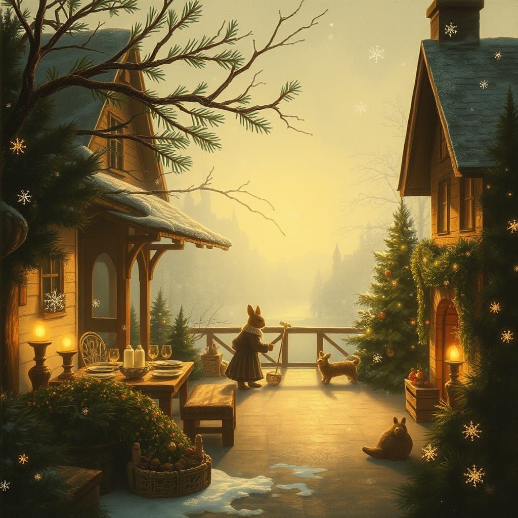 Whimsical Earthy Christmas Scene in Folk-Art Style