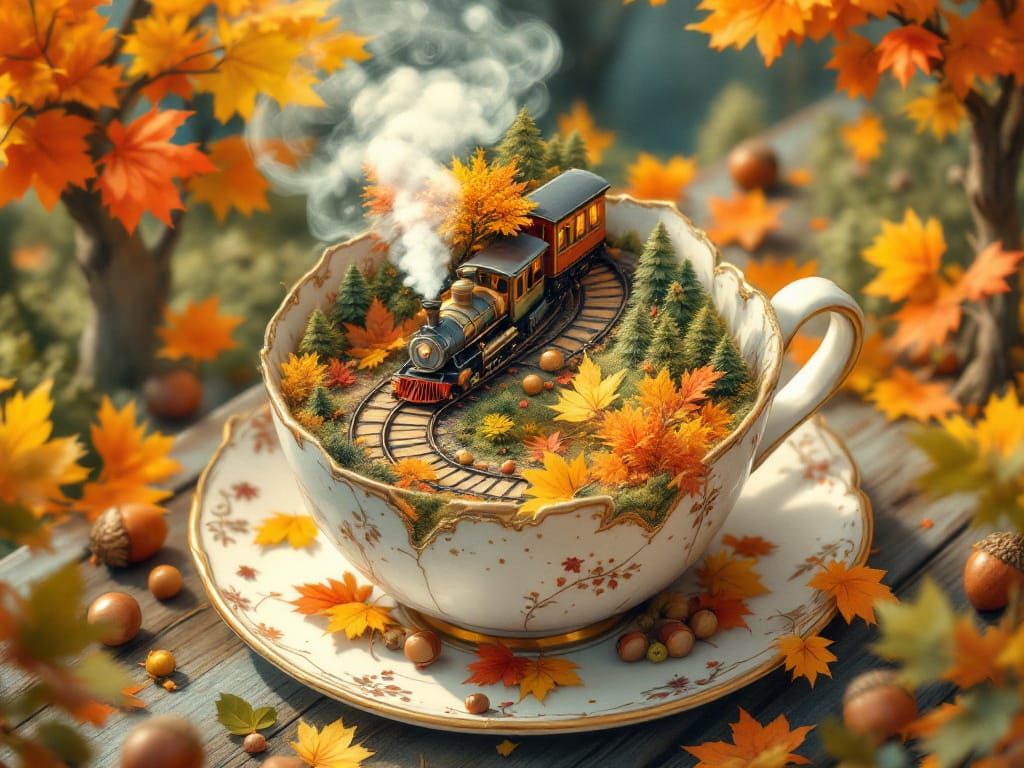 Miniature Autumn Train in a Teacup - Storybook Style