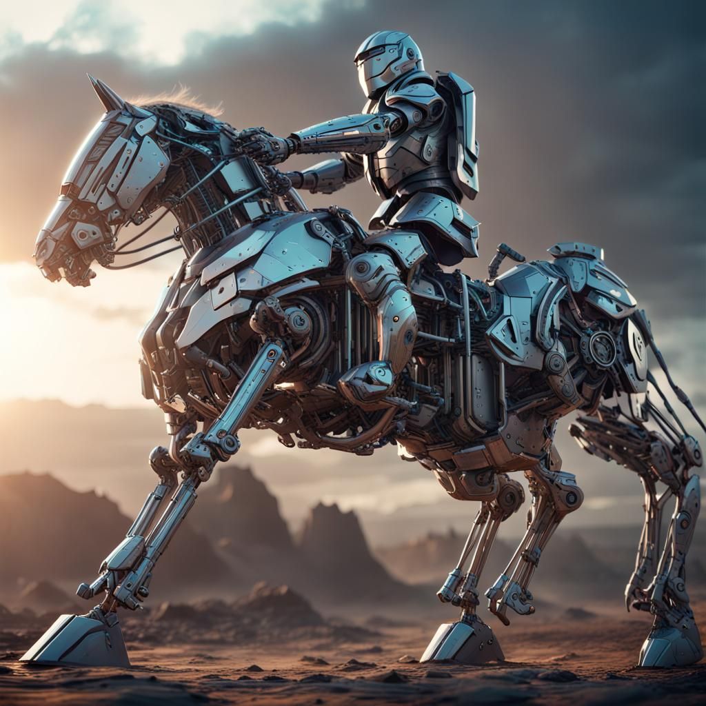 Futuristic Robot Knight on Metal Horse