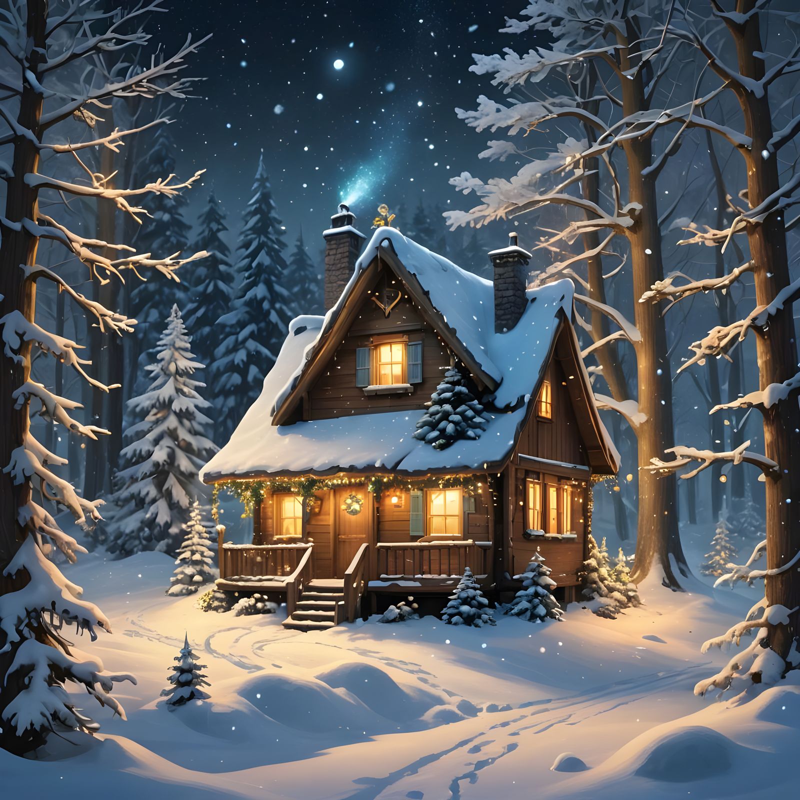 Festive Winter Forest House in Detailed Matte Painting