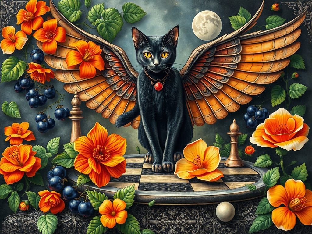 Whimsical Land of Flowers with Flying Cat and Orange Blossom...