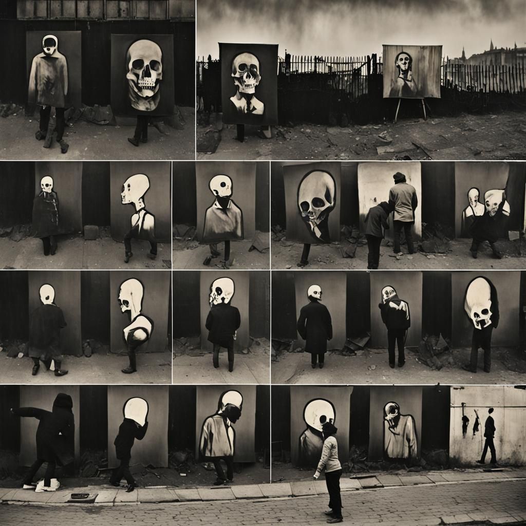 Moving Crowd of Living and Dead in Grayscale