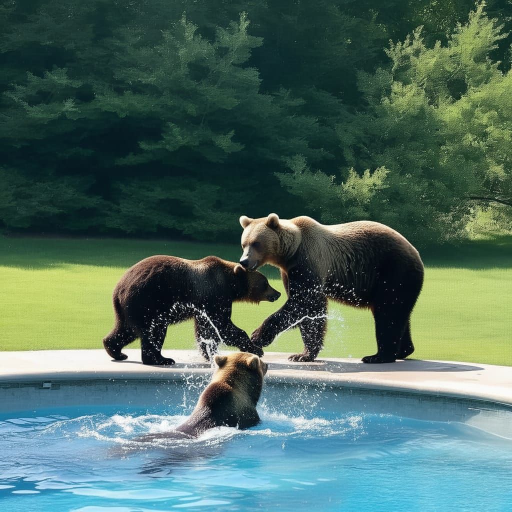 Mama Bear and Cubs Enjoying a Backyard Pool