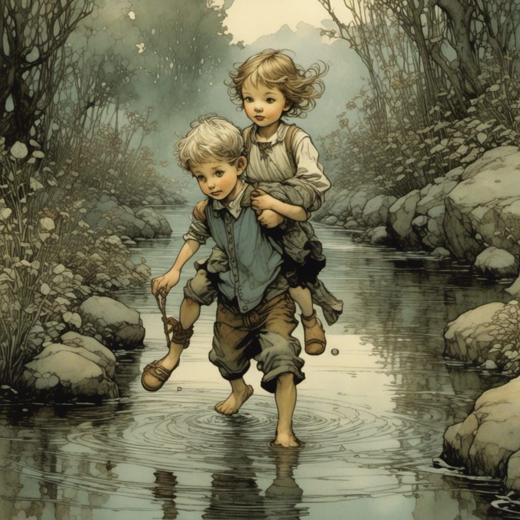 Brother and Sister Wading Stream Illustration