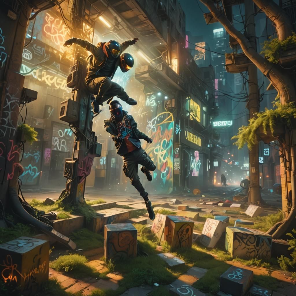 Futuristic Graffiti Artist in Neon City Alleyway