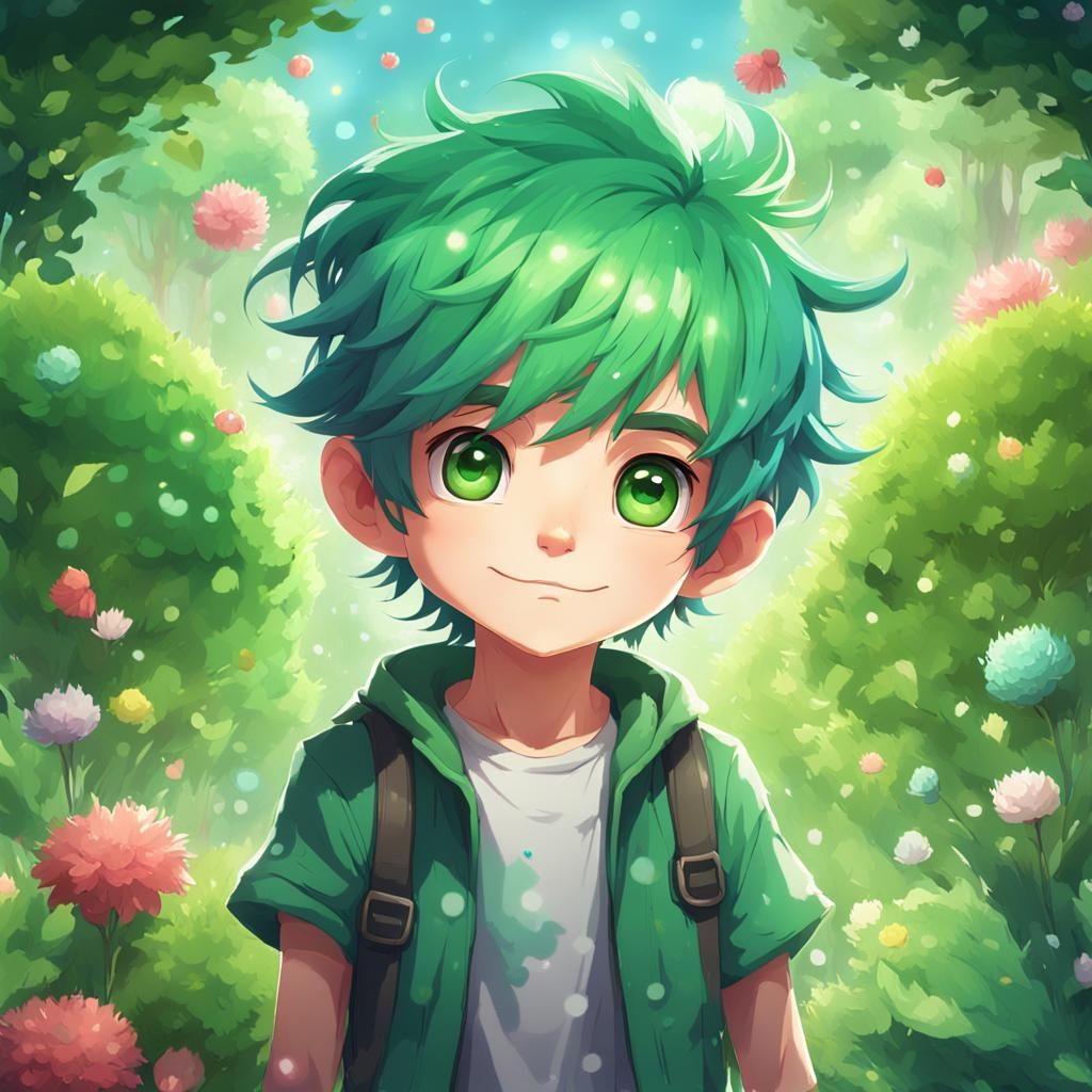 Chibi Boy in Lush Garden: Detailed Concept Art