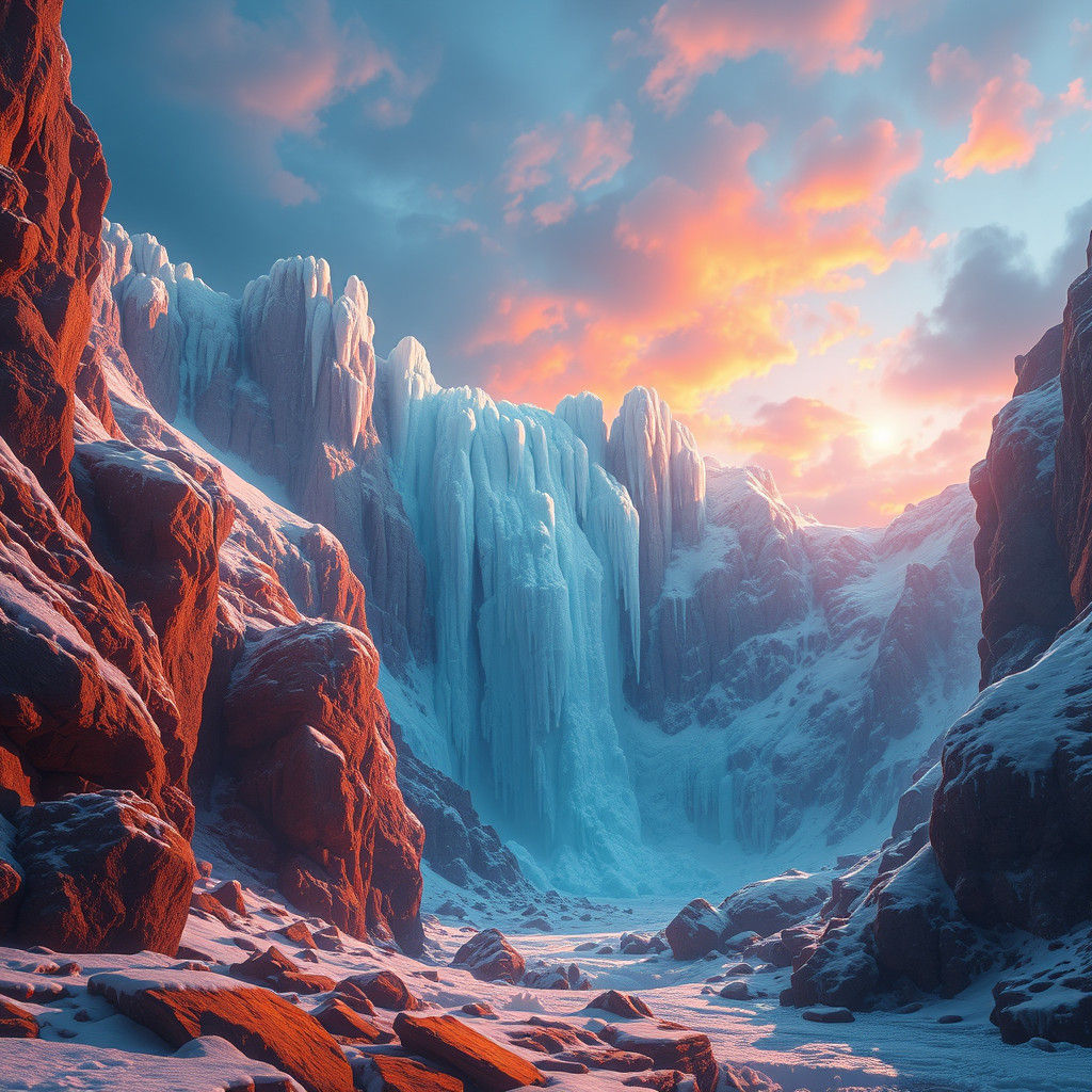 Crystalline Frozen Waterfall in Matte Painting Style