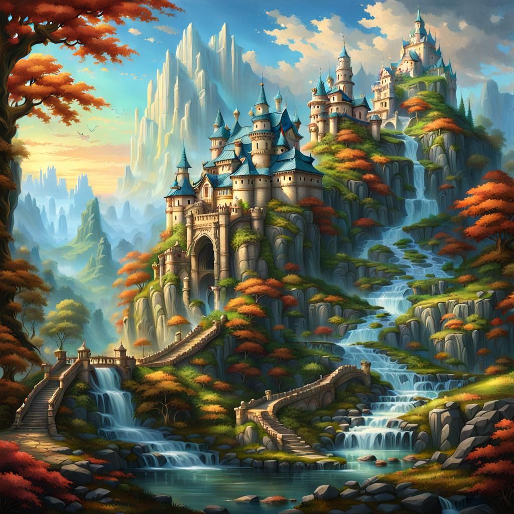 Rococo Castle with Dragon in Mountainous Landscape