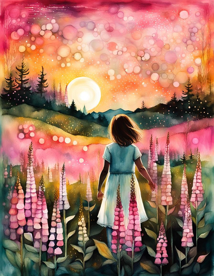 Vibrant Watercolour Illustration of Blooming Foxgloves at Su...