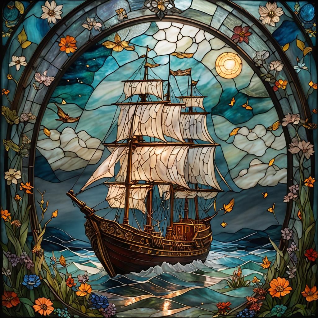 Glowing Stained Glass Ship on Astral Sea