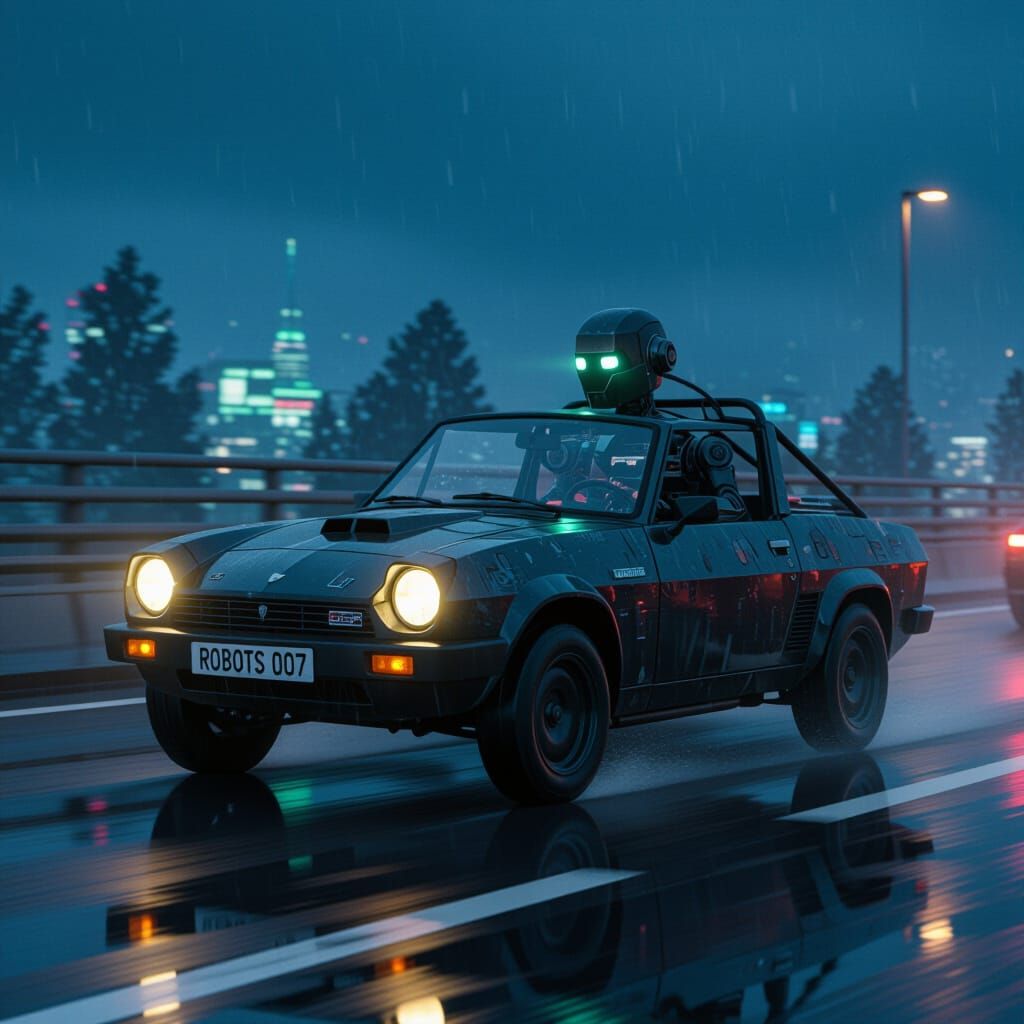 Robot Drives Reliant Robin in Retro-Futuristic Style