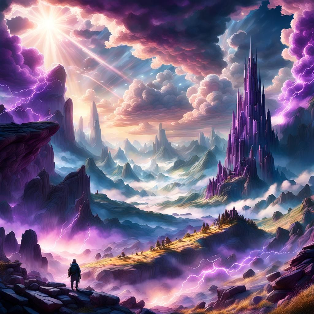 Dreamlike Purple Clouds with Sun Ray, Digital Art