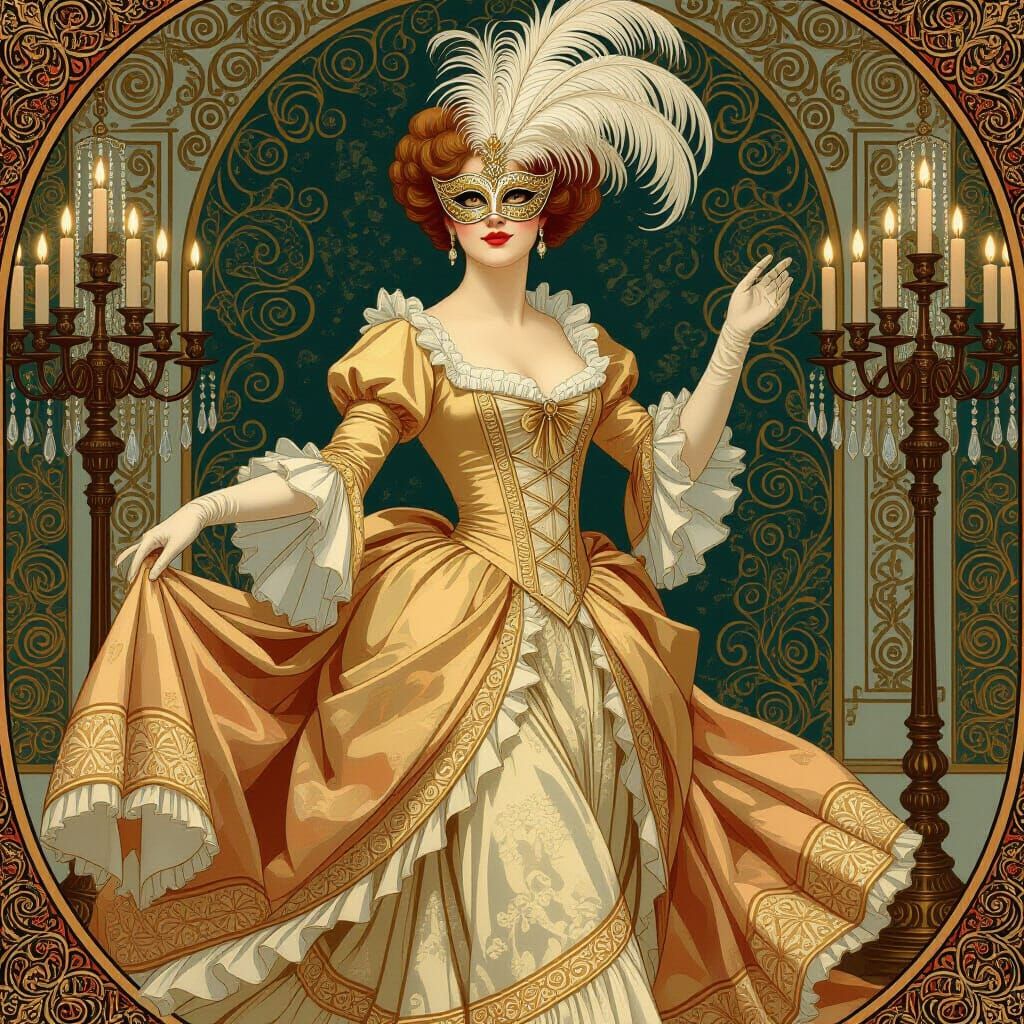 Lady Dancing at a Masquerade Ball in Art Nouveau Style