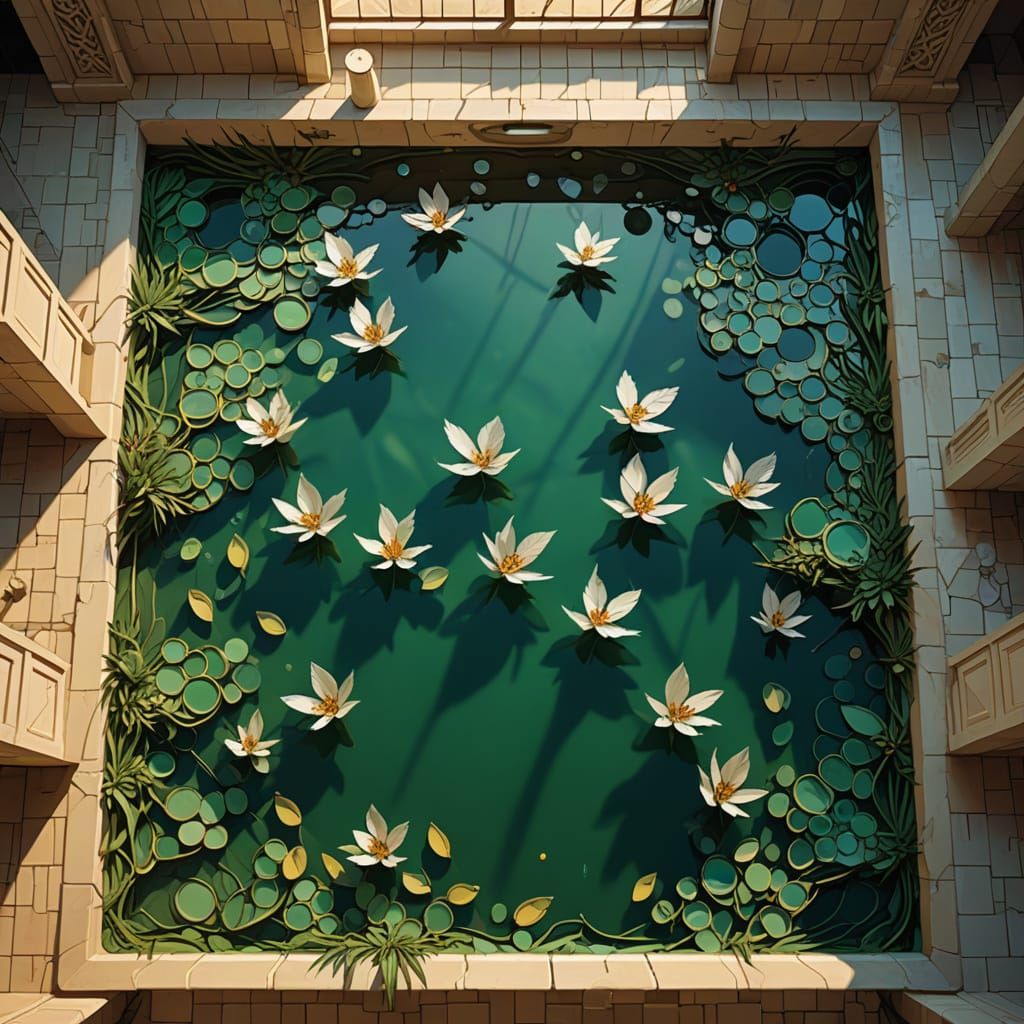 Cubist Pool with Emerald Inlays and Feathers