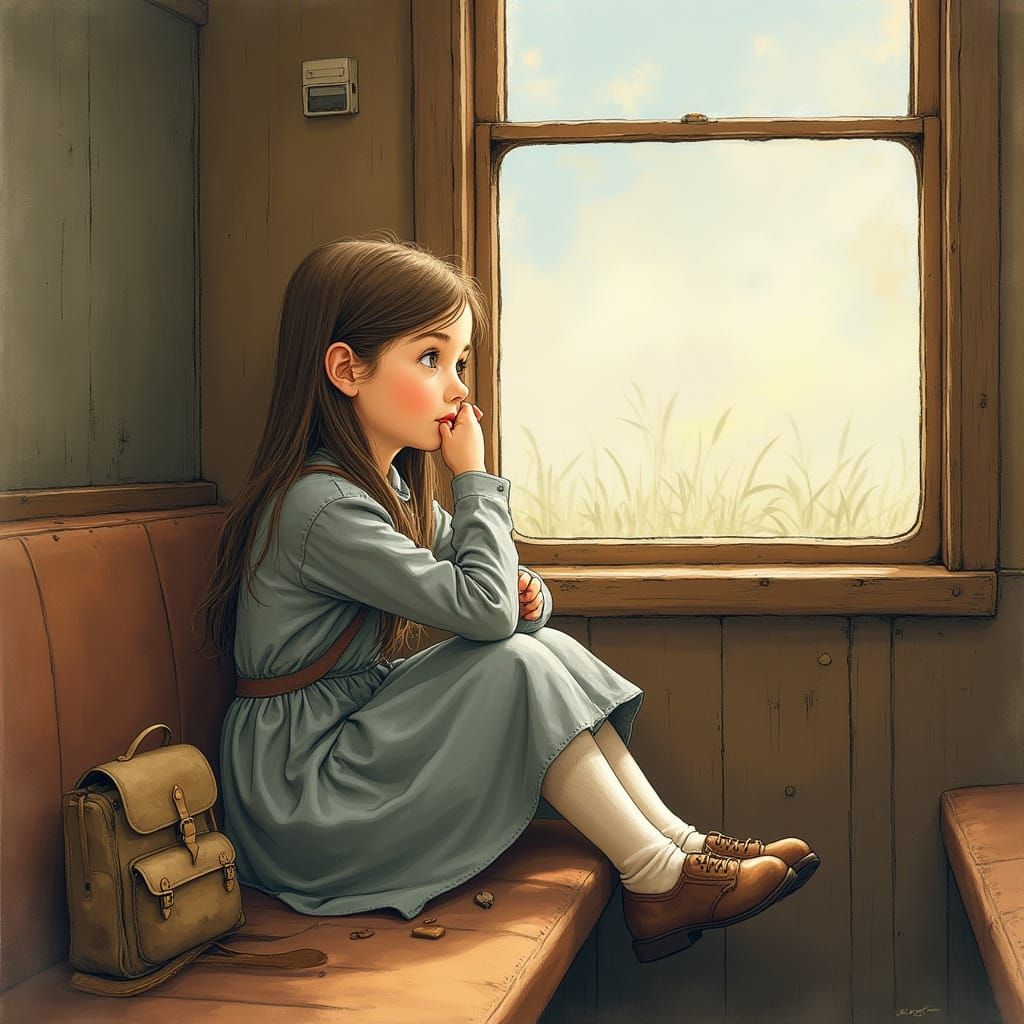Girl on Train Bench in Nostalgic Illustration Style