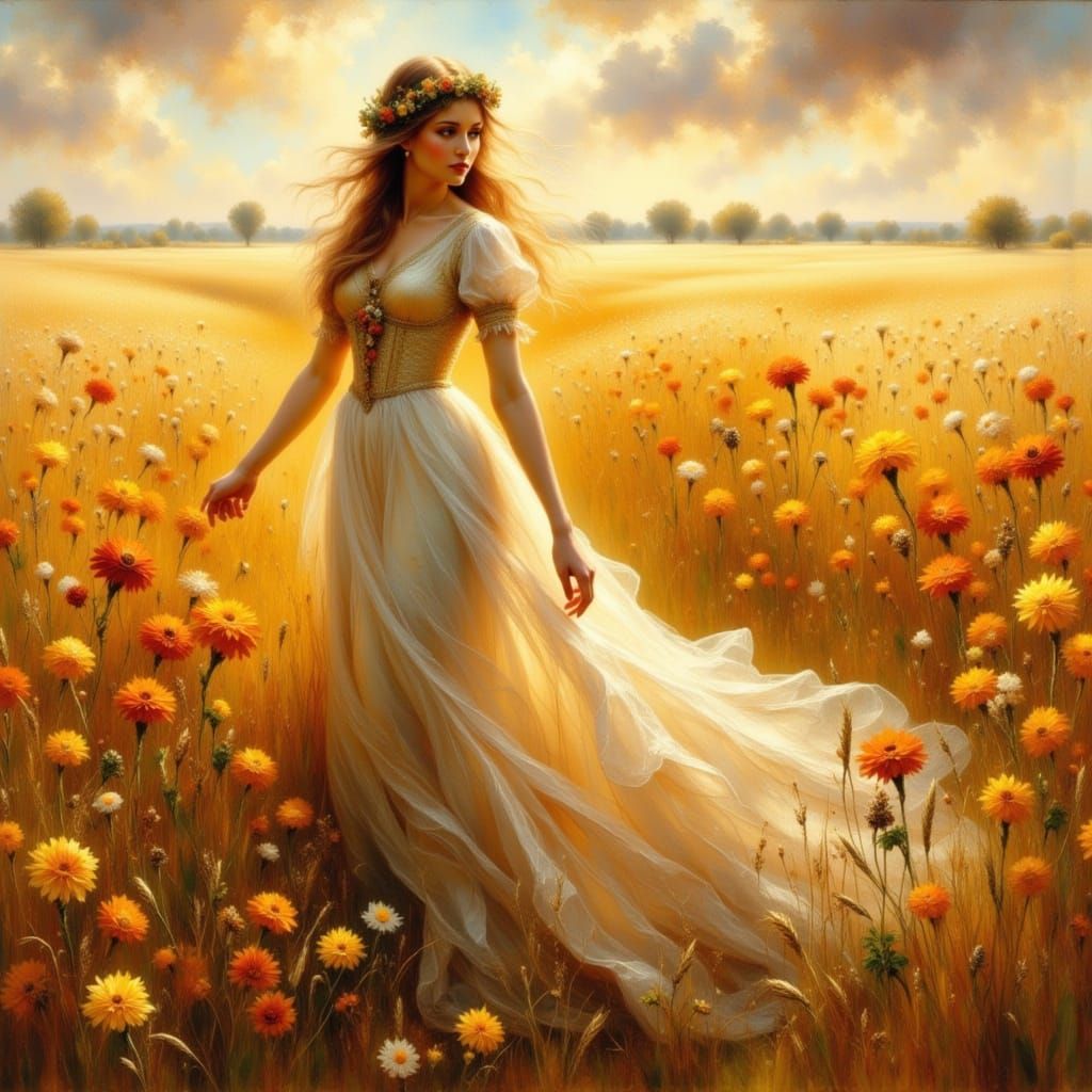Wheat and Marigold Maiden in Autumn Field