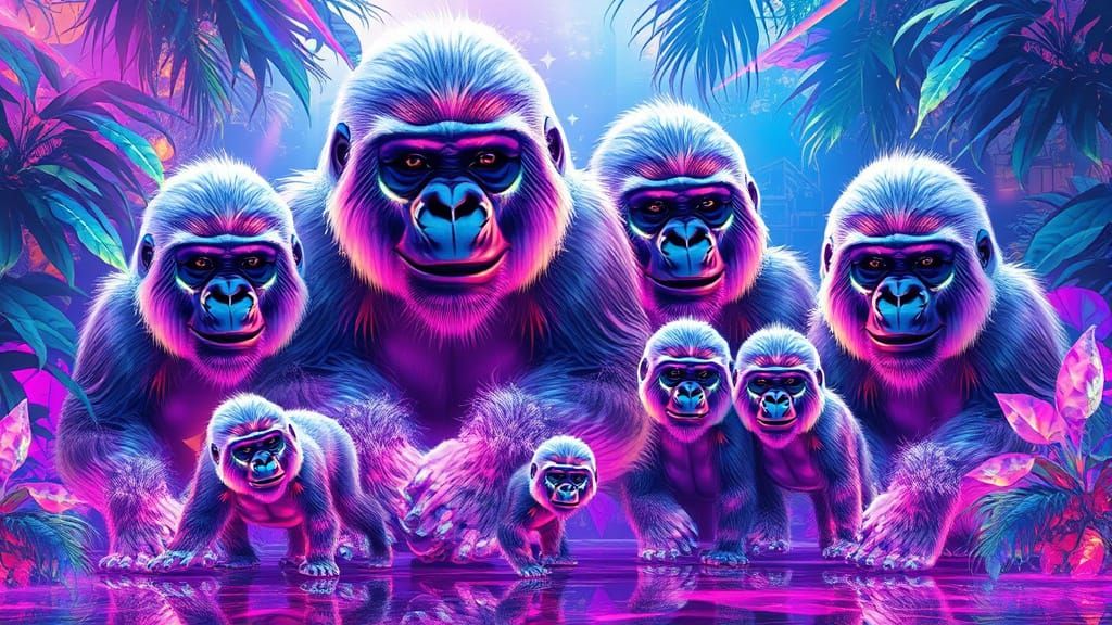 Hyperrealistic Gorillas in Crystalline Jungle