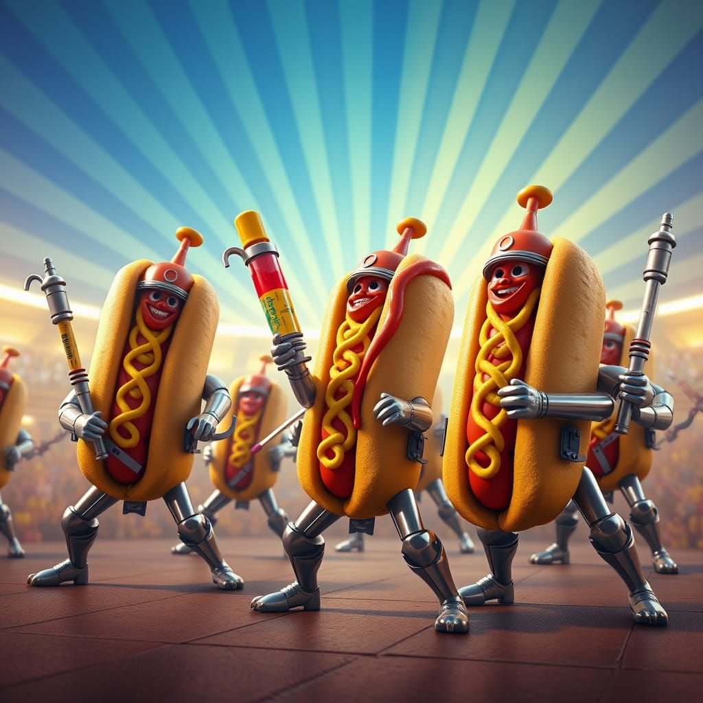 Futuristic Hot Dog Gladiators in Electric Coliseum