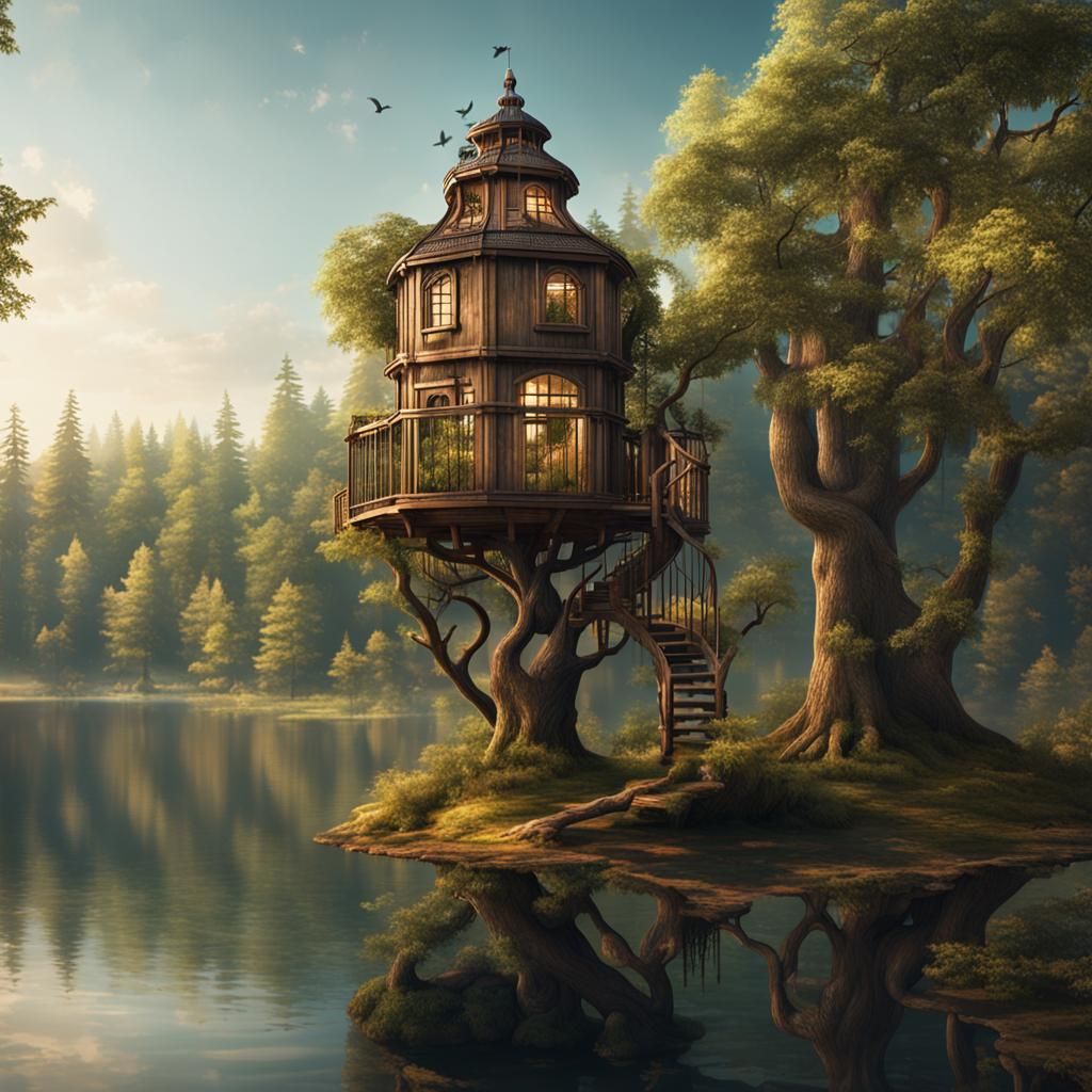Elaborate Birdcage Treehouse Overlooking Forest Lake