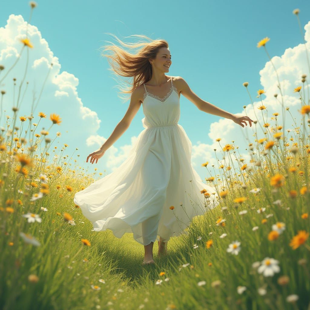 Woman Running Free in a Vibrant Meadow