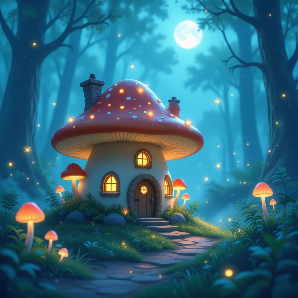 Enchanted Bioluminescent Forest with Fairy Mushroom House