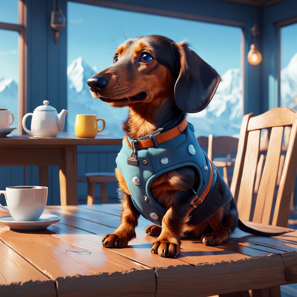 Joyful Dachshund Sips Coffee in Dreamy, Ethereal Scene