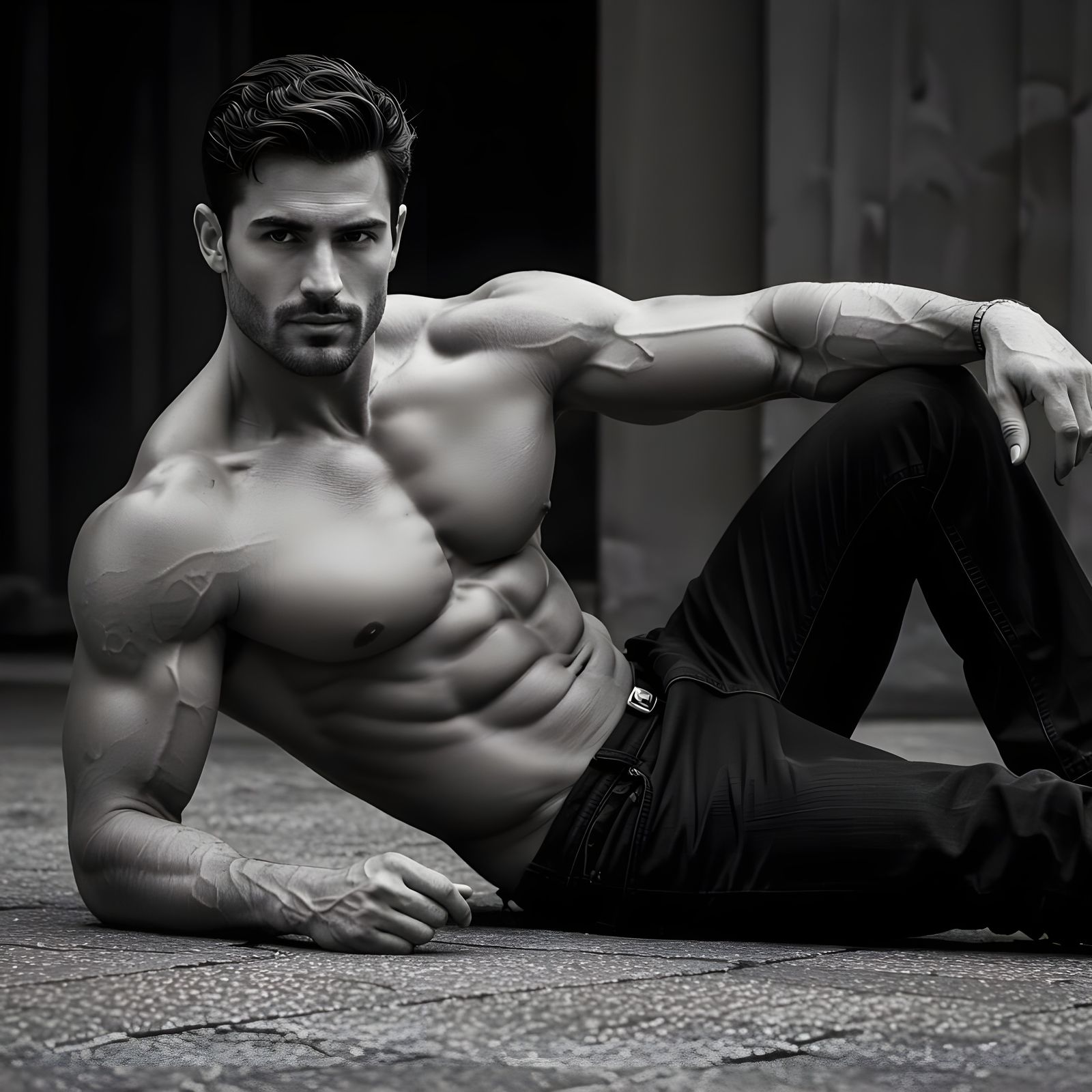 Muscular Man Reclining: A Striking Black and White Portrait