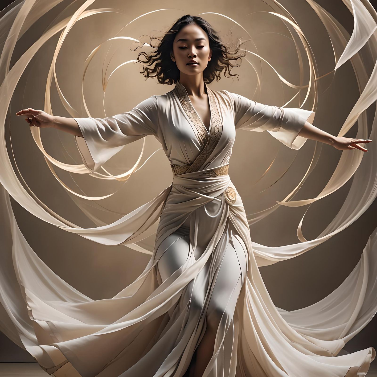 Anime Woman in Tai Chi Pose with Geometric Shapes
