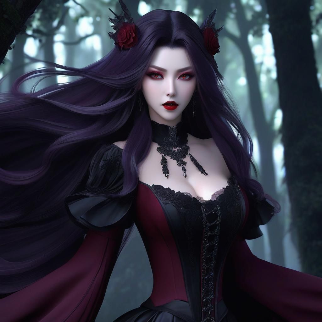 Elegant Gothic Anime Vampire in Dark Forest