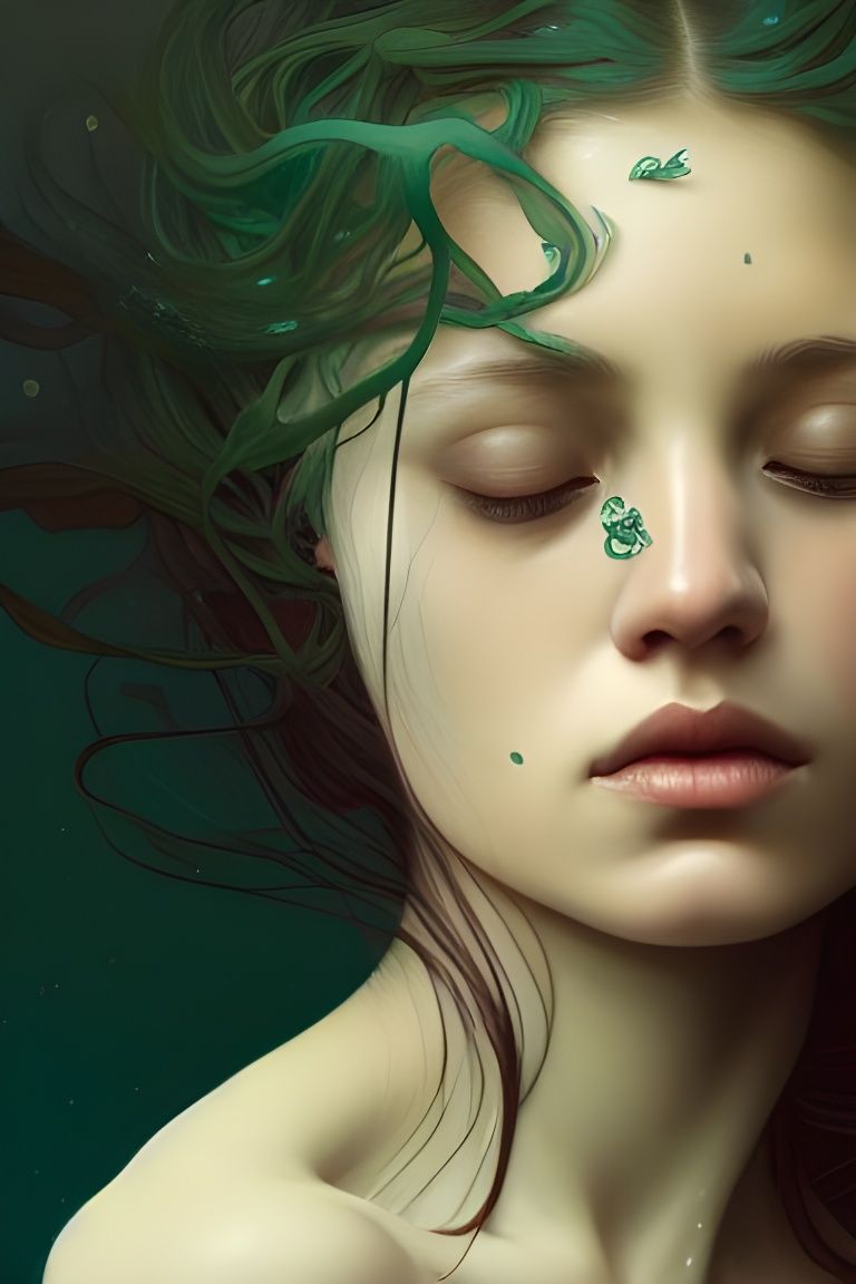 Sad Woman Turns to Seaweed: Digital Portrait