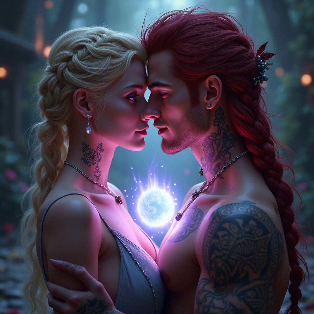 Romantic Couple with Magic Energy, Detailed Fantasy Art