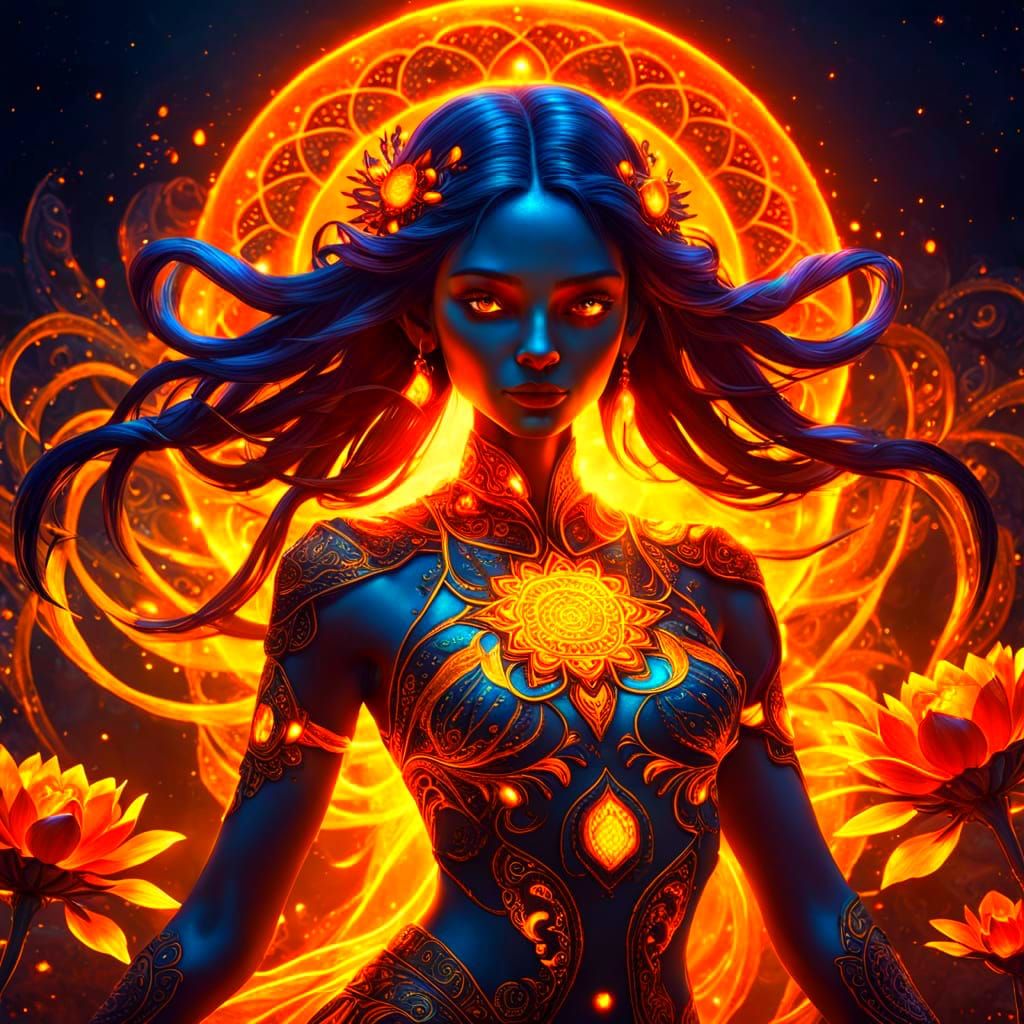 Surreal Saffron Dreamscape with Celestial Goddess