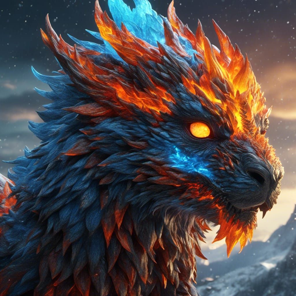 Fiery Icy Creature: Hyperrealistic Digital Art