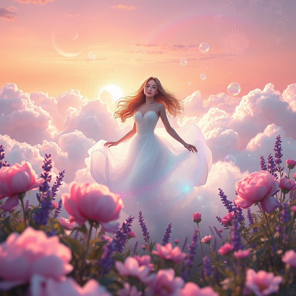 Ethereal Maiden in a Vibrant, Fantastical Landscape