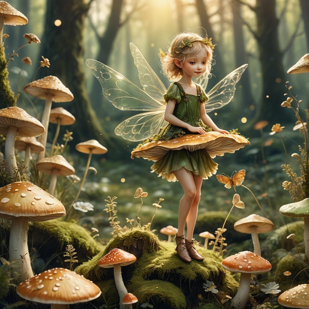 Whimsical Fairy on Toadstool in Golden Light