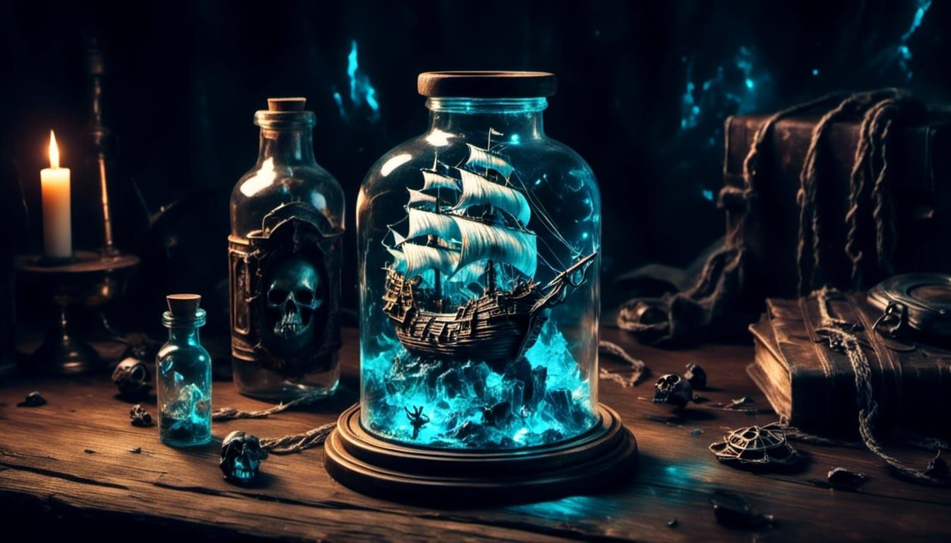 Pirate Galleon with Ethereal Lights in a Bottle